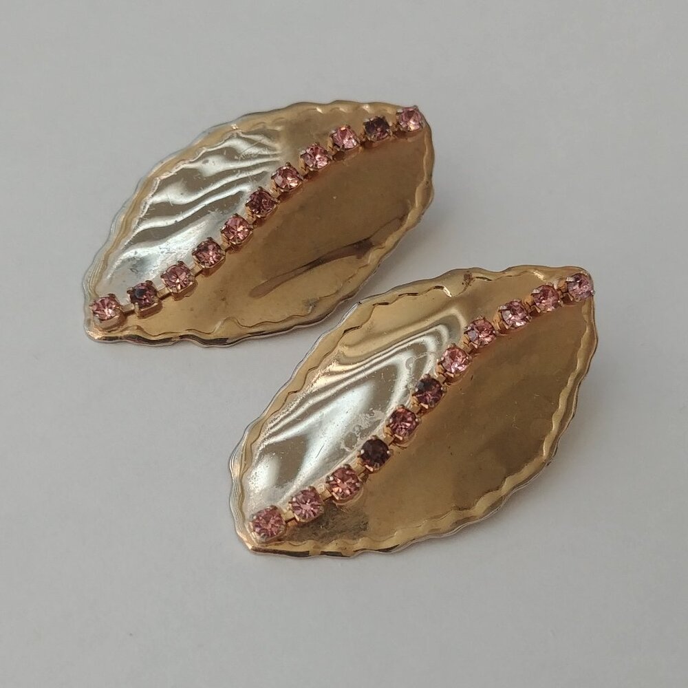 Vintage large gold tone earrings with purple pink stones